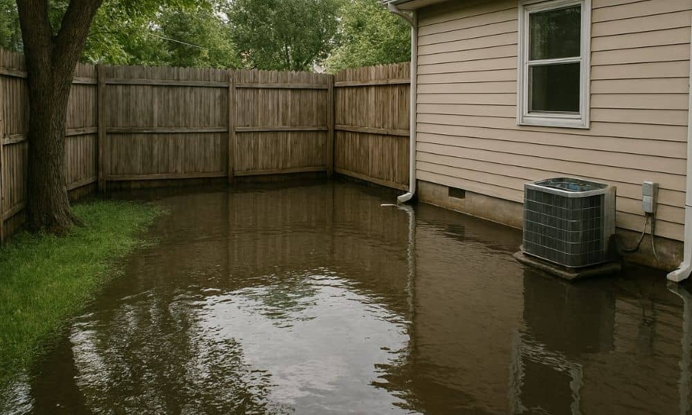 Backyard with standing water after heavy rain showing need for a flood elevation survey