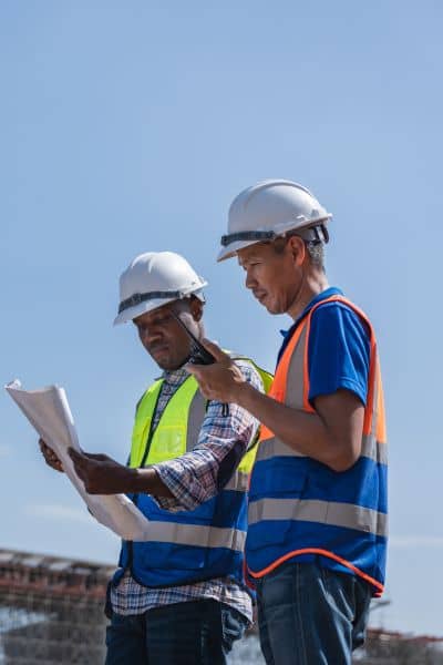 Two civil engineers reviewing topographic survey plans on a construction site to plan grading and drainage.
