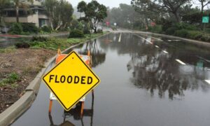 Flooded city street warning sign - ALTA SURVEY Dallas Flooded urban street with a warning sign highlighting the need for improved drainage design