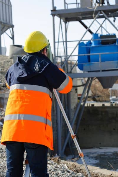 Land surveyor using tripod equipment to locate underground utilities as part of an ALTA survey update.

