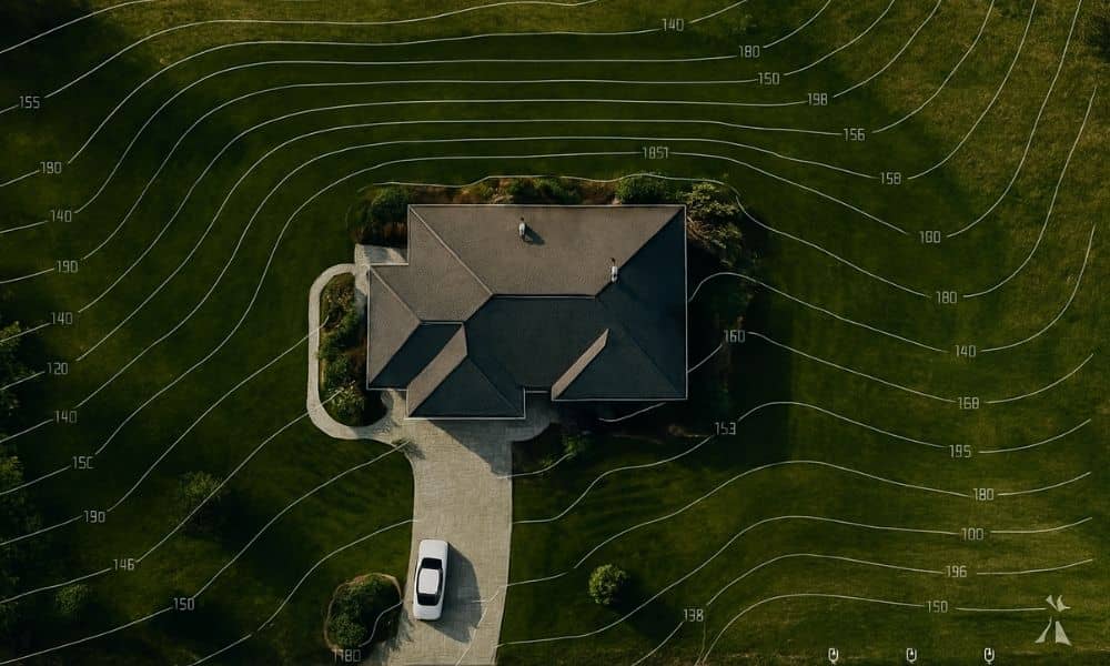 Aerial view of a residential lot with contour lines showing elevation details from a topographic survey.
