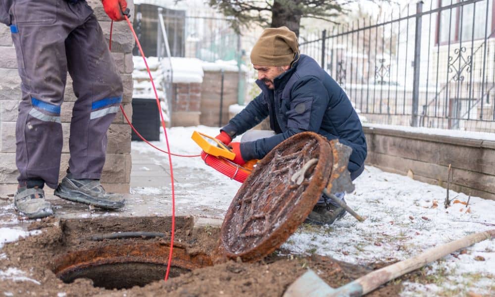 Technicians inspecting an underground utility access point near a home, representing how an ALTA survey helps document service lines and hidden utilities.
