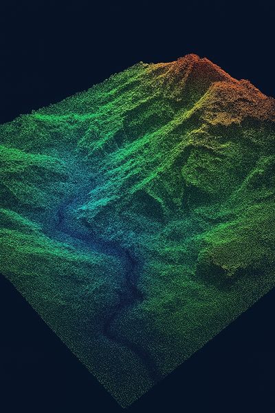 Color-coded lidar mapping point cloud showing detailed terrain elevation and land changes after storms