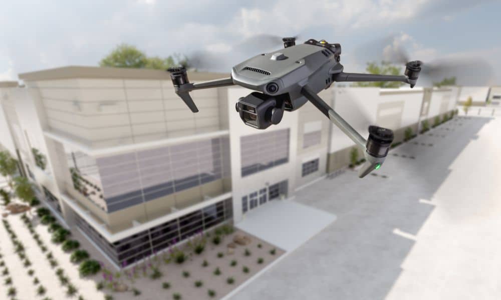 A drone surveying a commercial construction site capturing detailed aerial data for mapping and planning