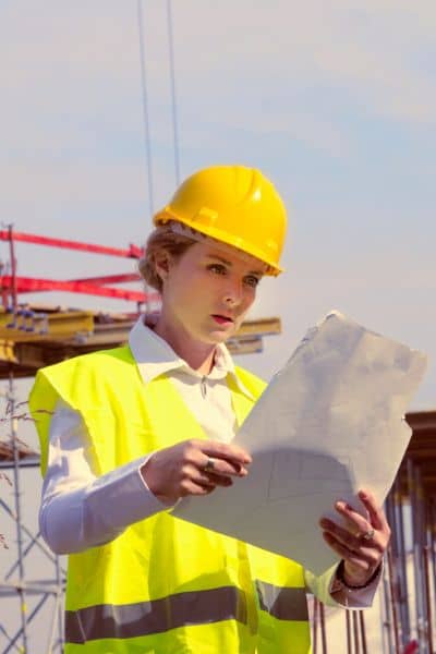 Engineer reviewing construction plans on an active job site to ensure accurate design and planning decisions