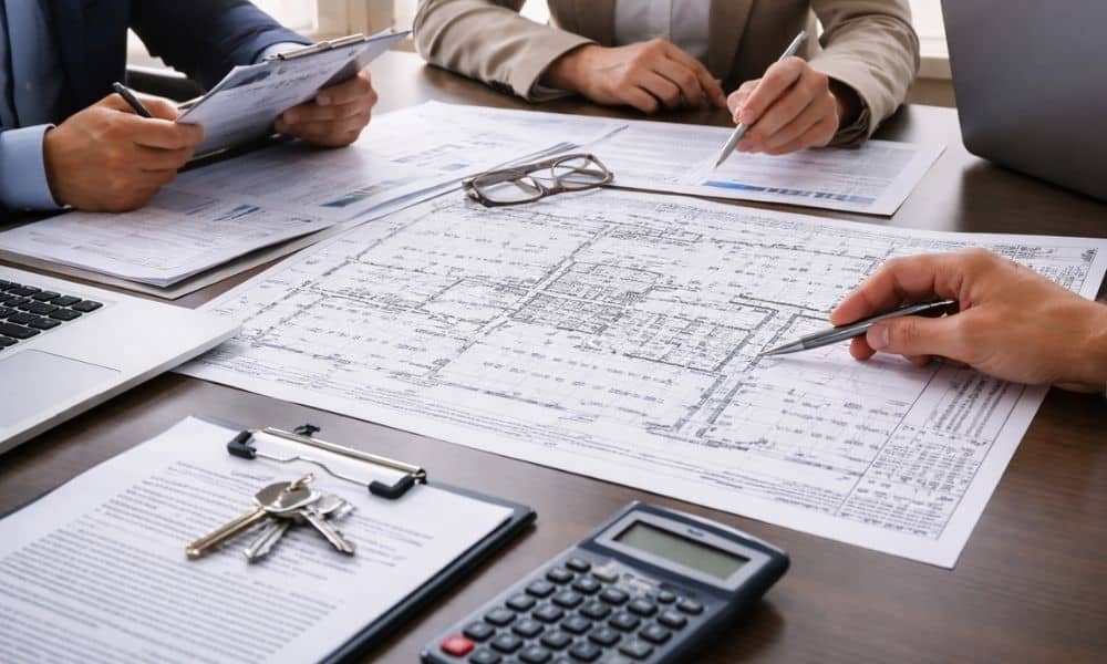 Commercial property closing meeting with professionals reviewing documents and an ALTA survey on the table