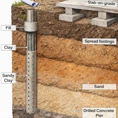 Soil layer foundation cross section diagram - ALTA SURVEY Dallas Soil layer cross section showing foundation design used in geotechnical engineering for industrial construction