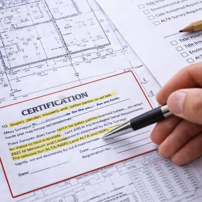 Close-up of certification section on a commercial land survey document being reviewed during a property closing