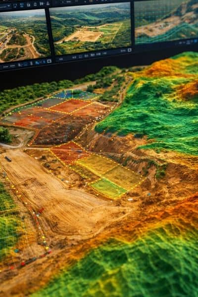 Drone surveying data visualized as a 3D terrain model used by engineers and planners to analyze land conditions for development
