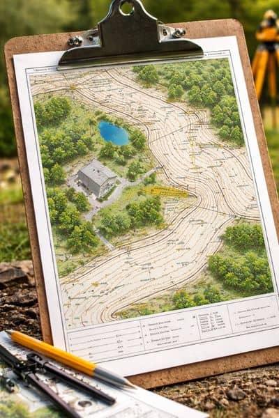 A topographic survey showing elevation measurement with contour lines across a residential property
