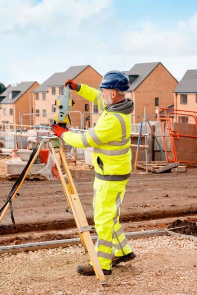 Surveyor using total station equipment on a construction site to perform survey mapping for land development