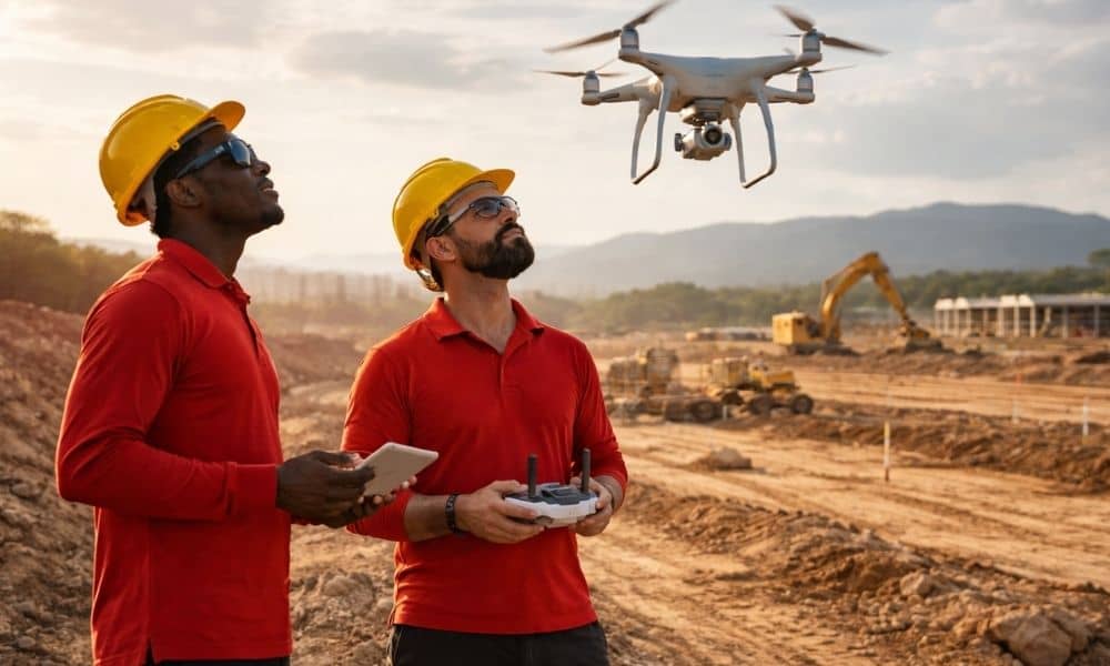 Drone surveying being performed by field surveyors capturing aerial land data for mapping and development planning