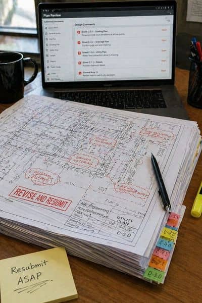 Engineering design review showing marked-up construction plans and resubmittal comments on a desk