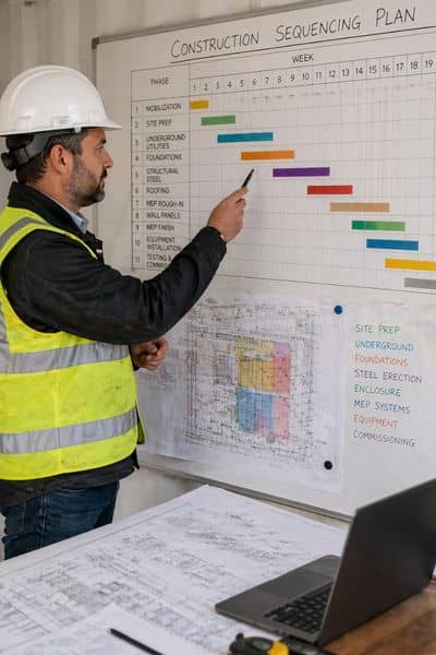 Construction engineer reviewing a sequencing plan in an office for a data center construction project