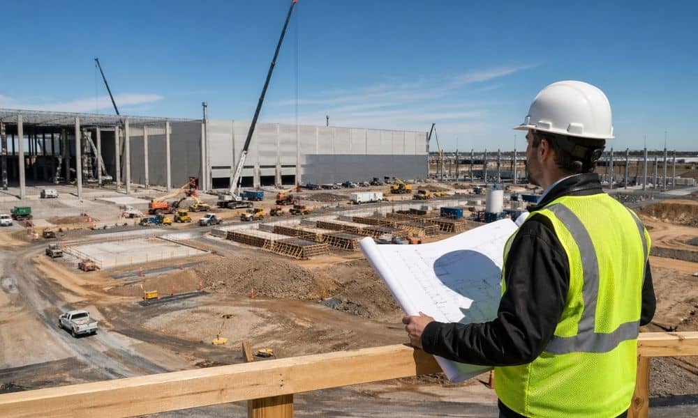 Construction supervisor in a high-visibility vest and hard hat holds blueprints while overseeing a large construction site with cranes and unfinished structures.